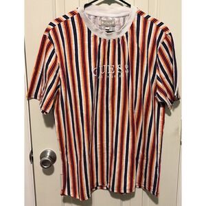 Vintage GUESS Shirt Mens Large Red Striped Los Angeles Crew Neck Short Sleeve